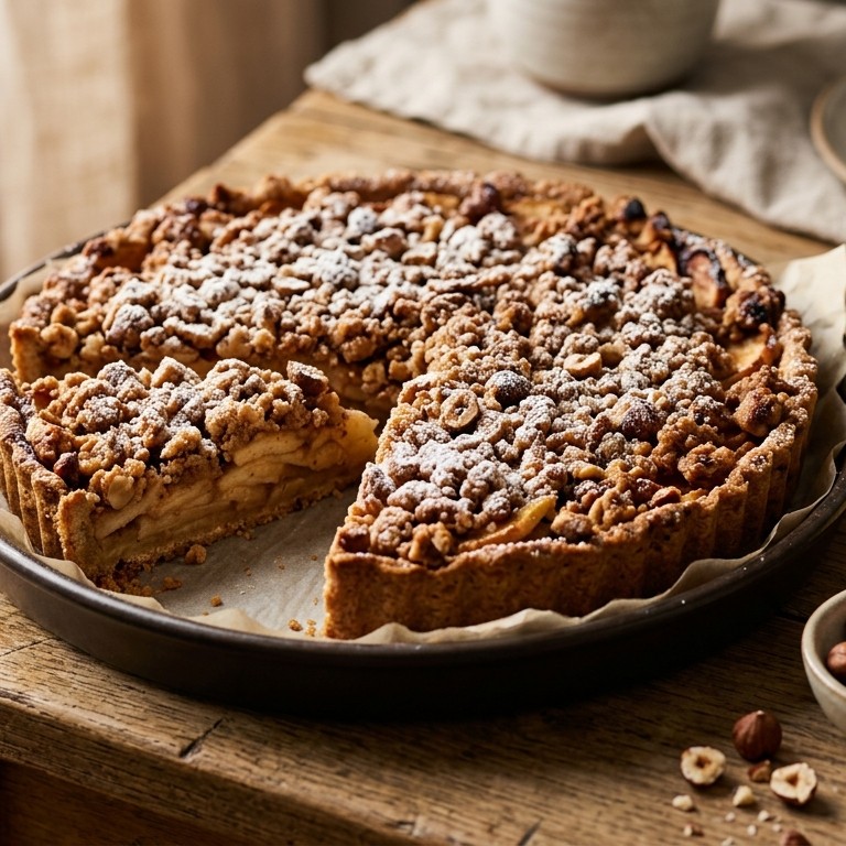 Appelkruimeltaart met hazelnoten