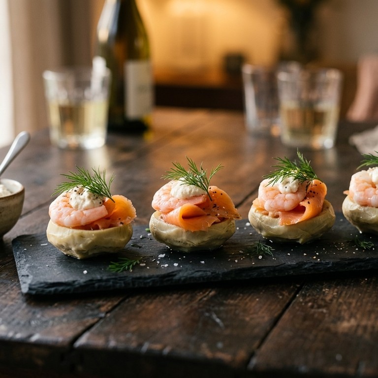 Artisjokbodems met zalm en garnalen ( Fonds d'Artichauts au Saumon et aux Crevettes)