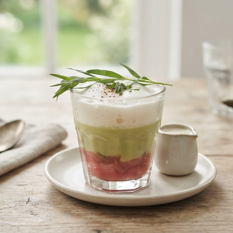 Asperge-dragon cappucino op een compote van rabarber