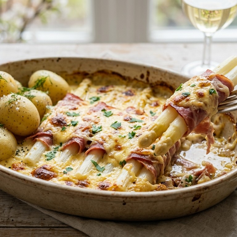 Asperge-hamgratin met hollandaisesaus