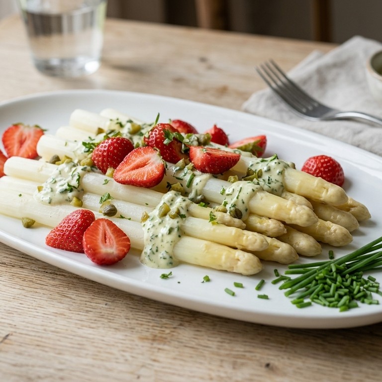 Asperges met aardbeien met tuinkruidensaus