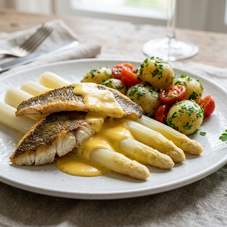 Asperges met baarsfilet en peterselieaardappel