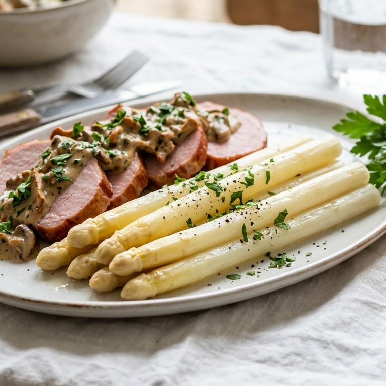 Asperges met casselerrib en champignons
