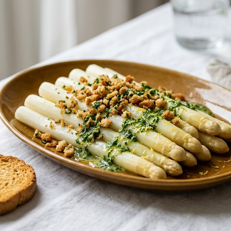 Asperges met gebakken beschuit -peterseliesaus