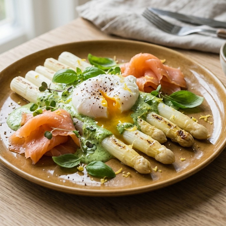Asperges met gerookte zalm en basilicum saus