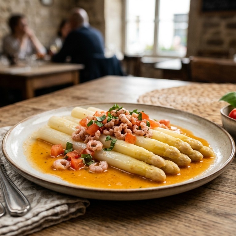 Asperges met grijze garnalen en tomaat