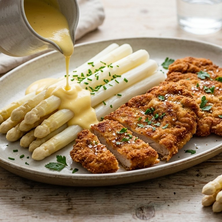 Asperges met kippen- en varkensschnitzels en snelle hollandaisesaus