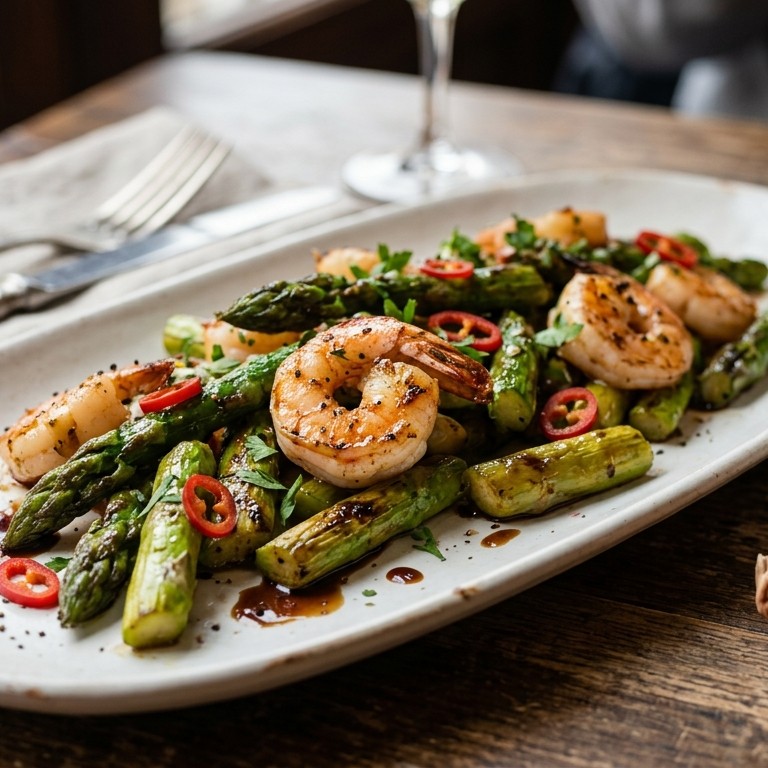 Asperges uit de wok, balsamicosiroop en scampi