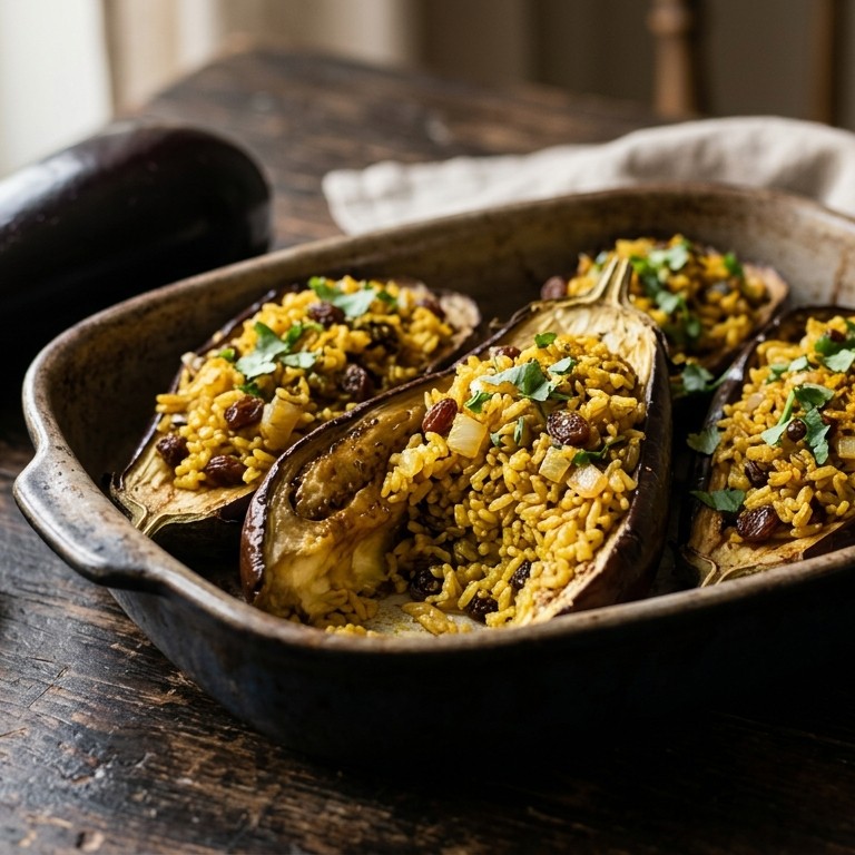 Aubergine gevuld met kerrierijst