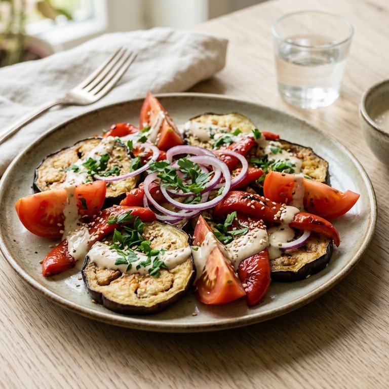 Aubergine-paprikasalade met sesamyoghurt saus