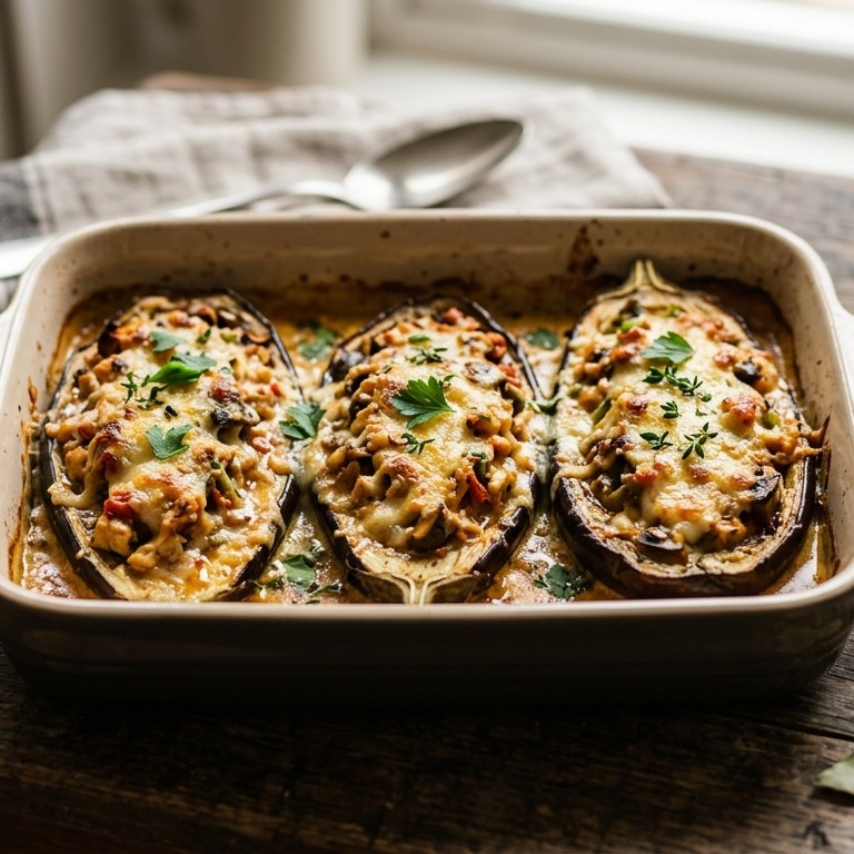 Aubergines, gevuld met kip en champignons