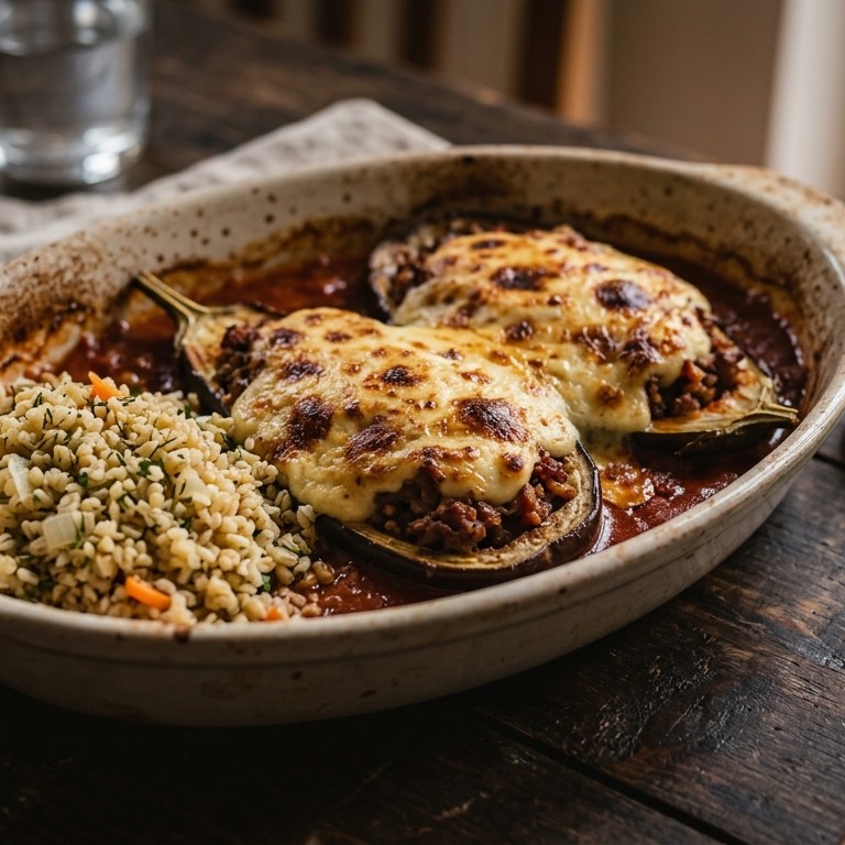 Aubergineschotel met bulgur