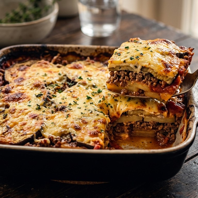 Aubergineschotel met gehakt en tomatensaus