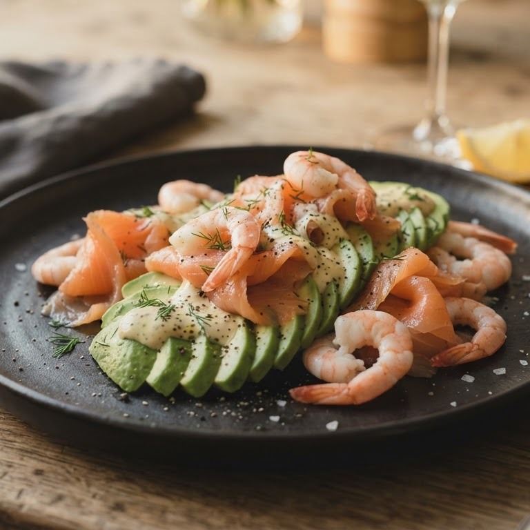 Avocado met garnalen en gerookte zalm