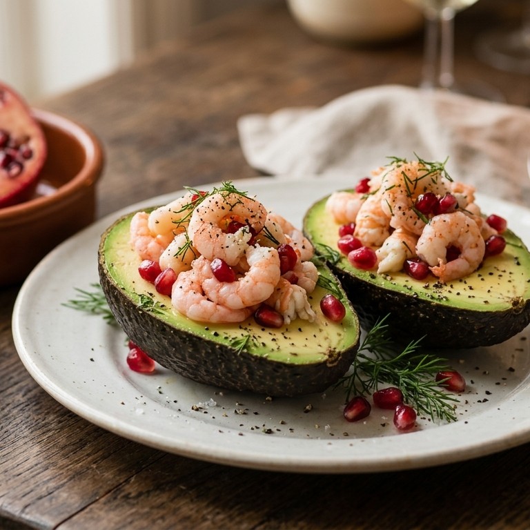 Avocado met kleine gamba’s, langoustine pootjes en granaatappel