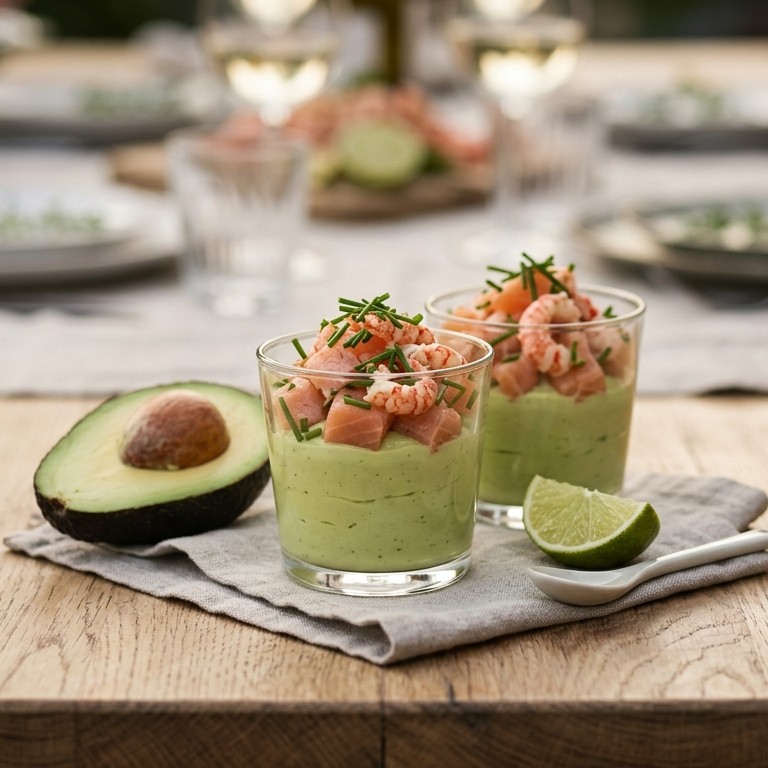 Avocadocrème met zalmblokjes en rivierkreeftjes