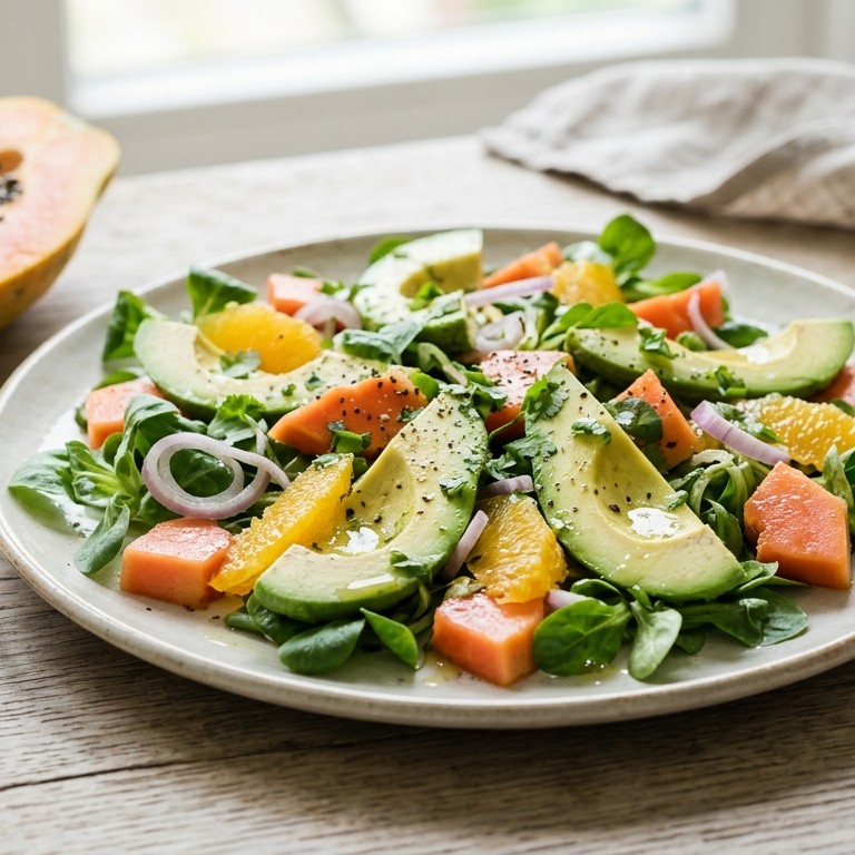Avocadosalade met papaya, sinaasappel en sjalotjes