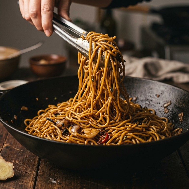 Bamie goreng in gebakken suiker (gebakken mie) zonder soja