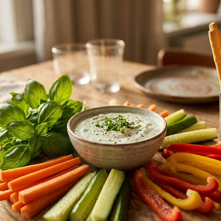 Basilicum-yoghurtdip met groenten en soepstengels