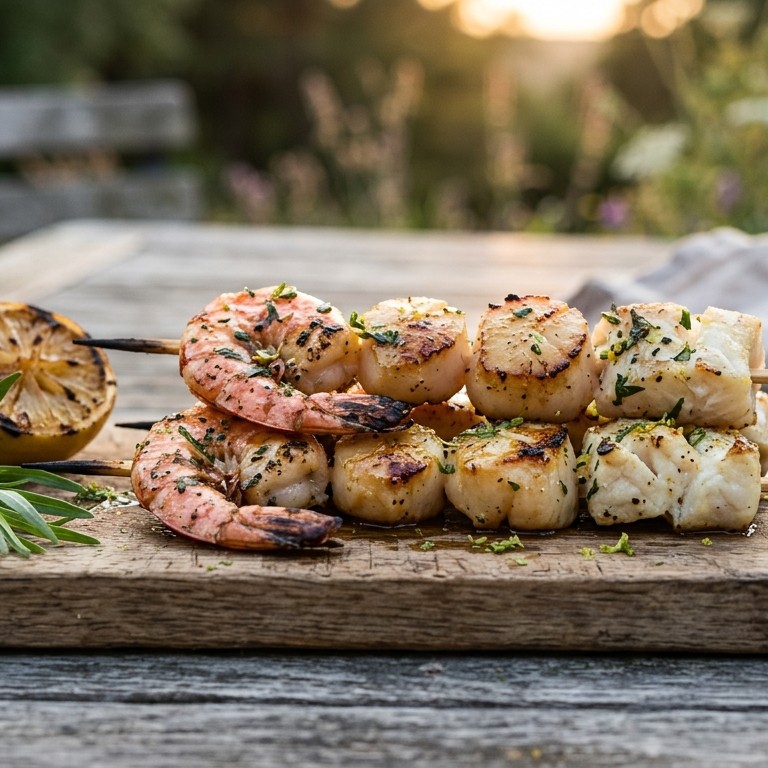 BBQ Garnalenspiesen met mosselen en kabeljauwfilet