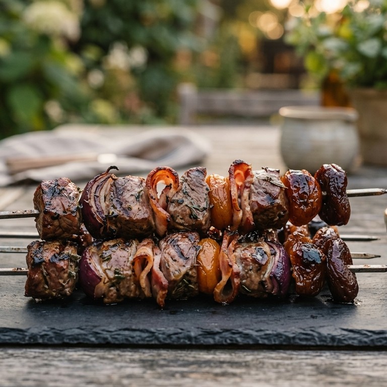 BBQ gemarineerd lamsspies met bacon en abrikoos