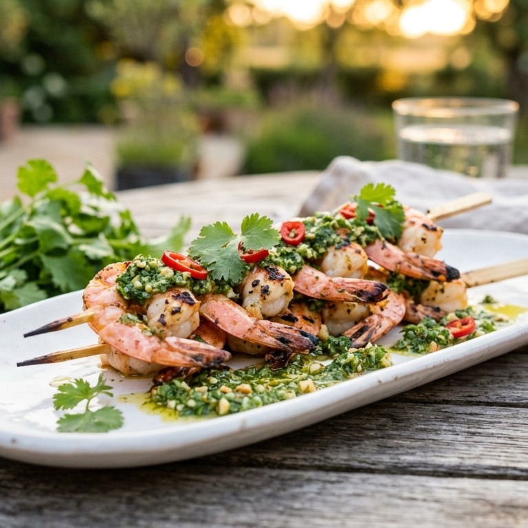 BBQ Spies van scampi met korianderpesto