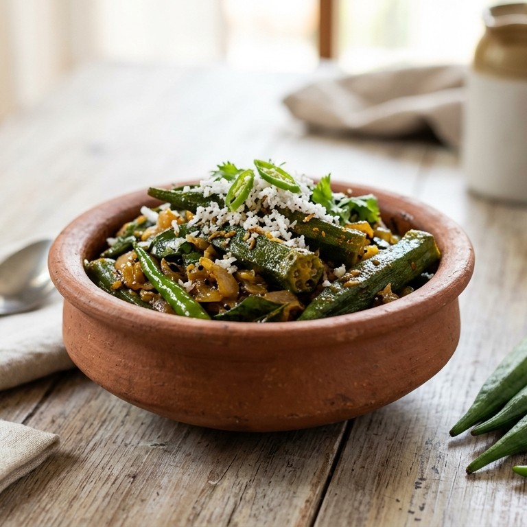 Bhindi foogath (Gestoofde okra's met chilipeper)
