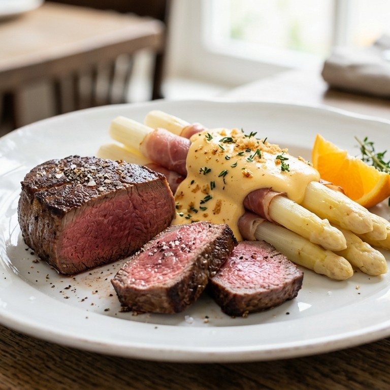 Biefstuk en asperges met sinaasappel-hollandaisesaus