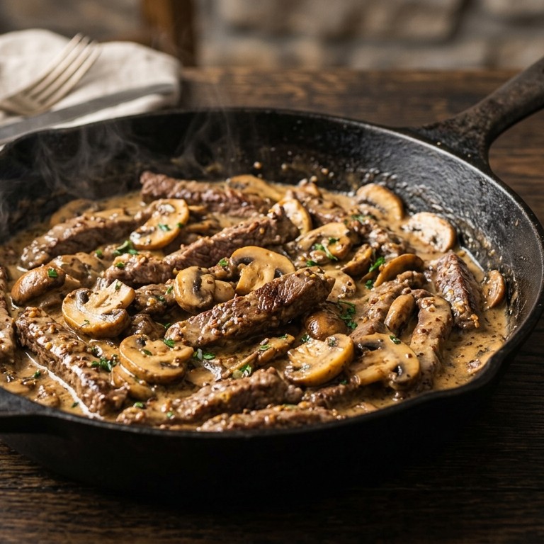 Biefstuk met champignons en whiskeysaus