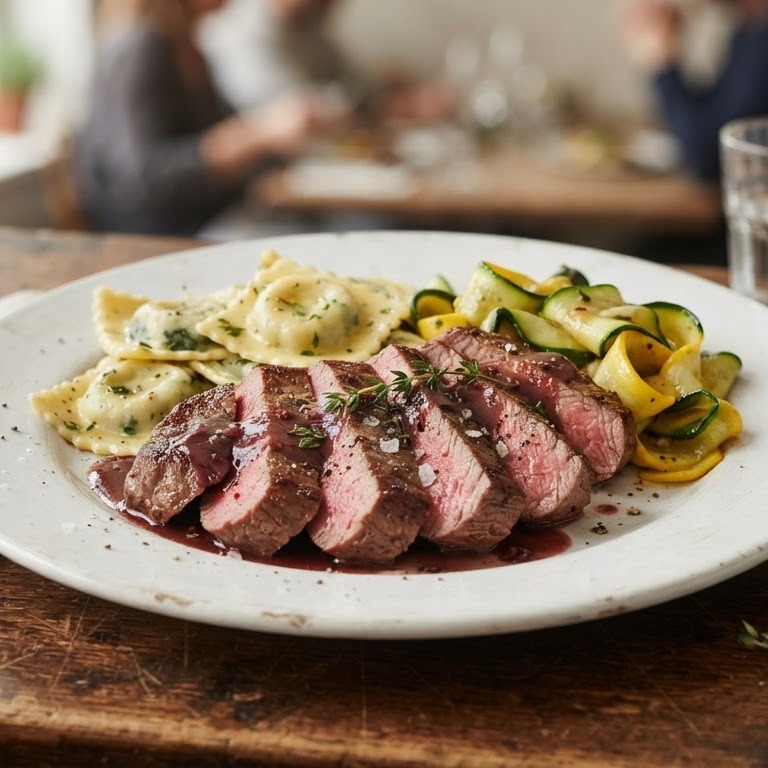 Biefstuk met courgette en ravioli