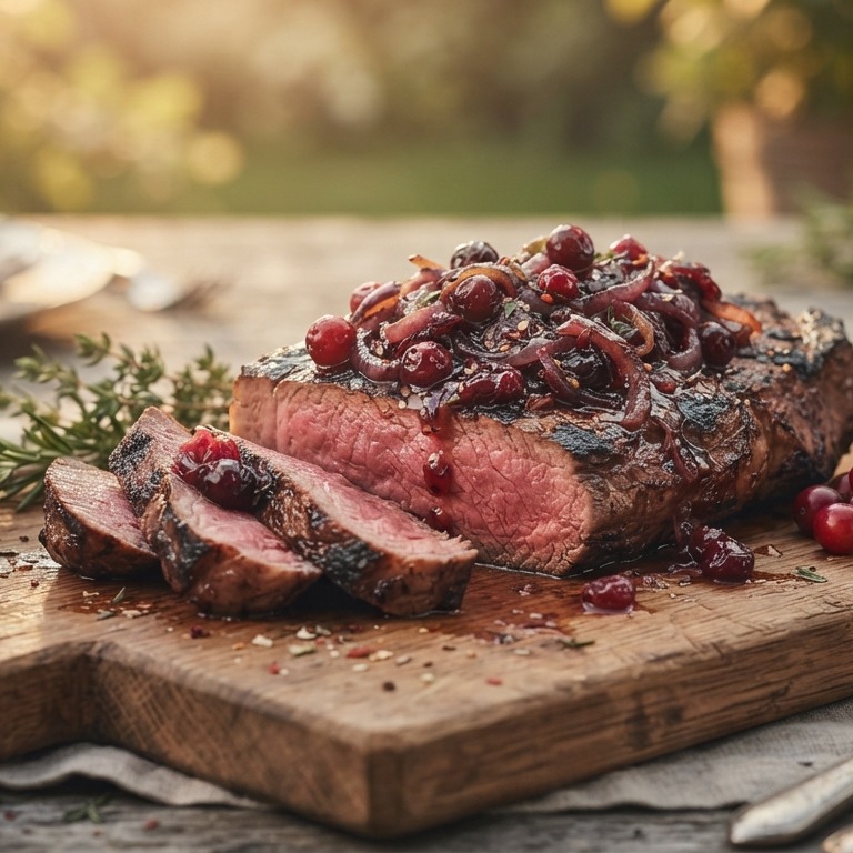 Biefstuk met pittige uien-cranberrysaus