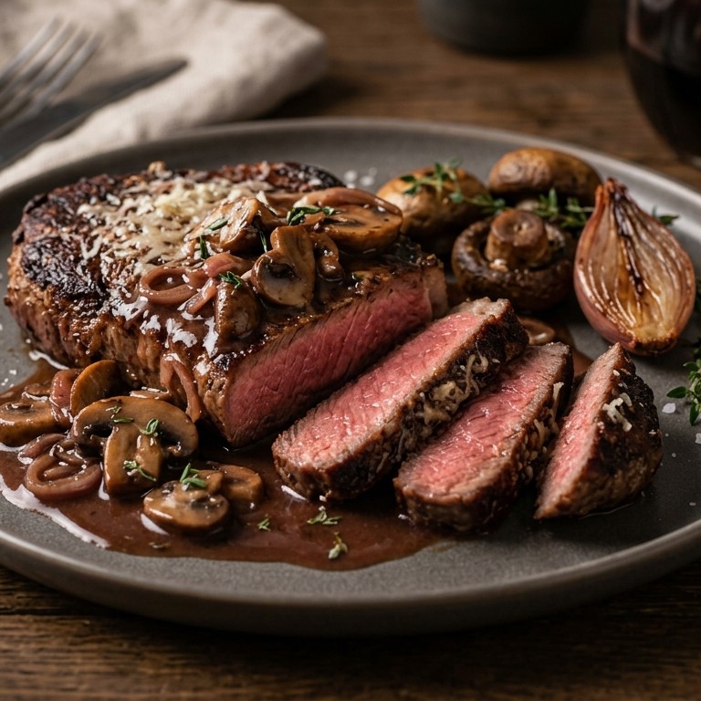 Biefstuk met rode wijn-champignonsaus