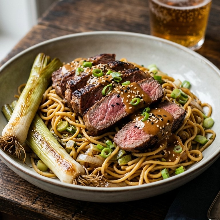 Biefstuk met satesaus, mie en prei