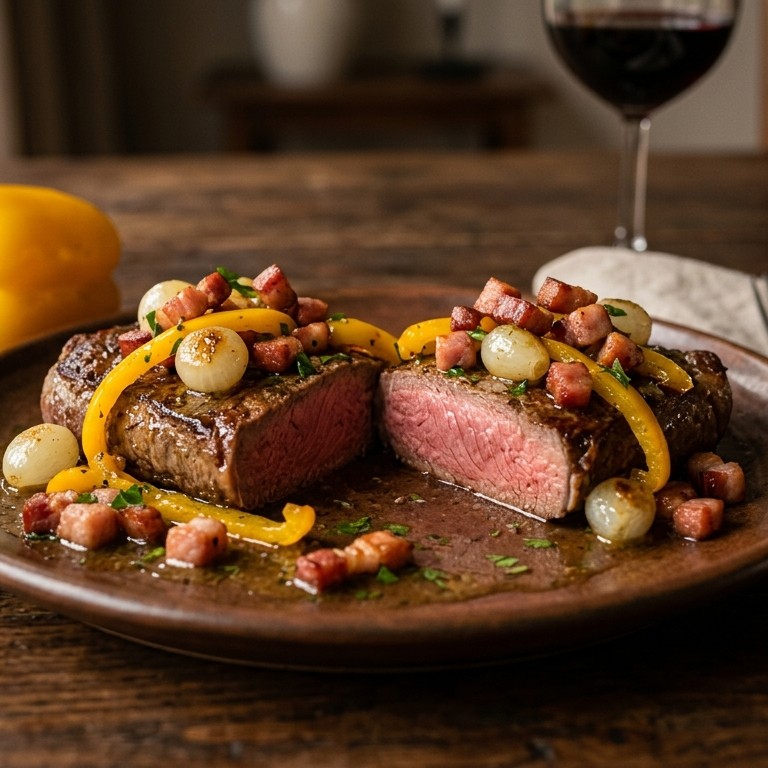 Biefstuk met zilverui, paprika en spekjes