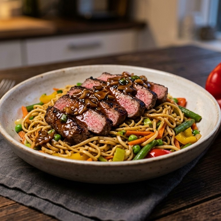 Biefstuk soja met bami