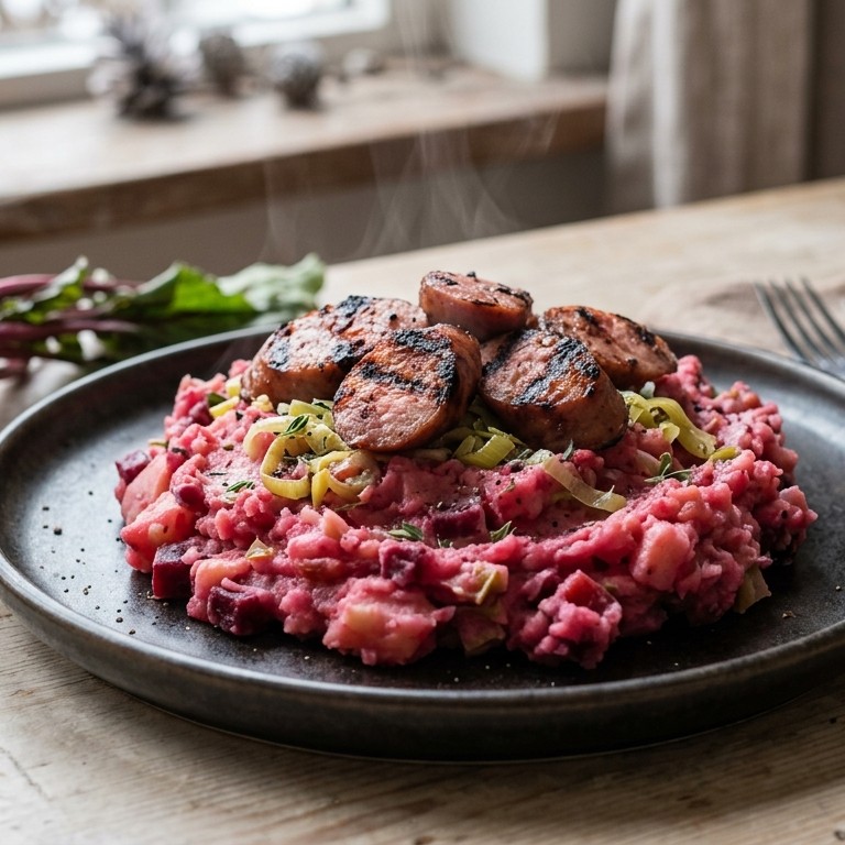 Bieten-aardappelstamppot met grillworst