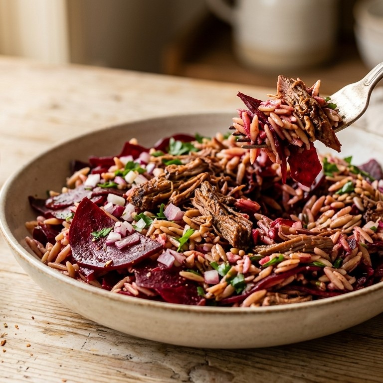 Bietensalade met pulled pork en rijstkorrel pasta