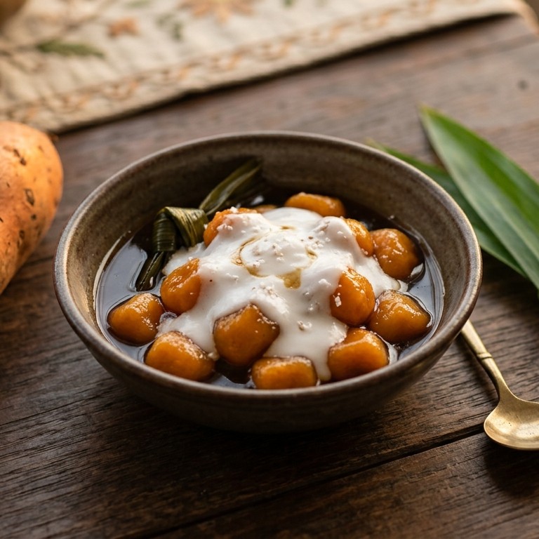 Biji Salak (zoete aardappelbolletjes met saus)