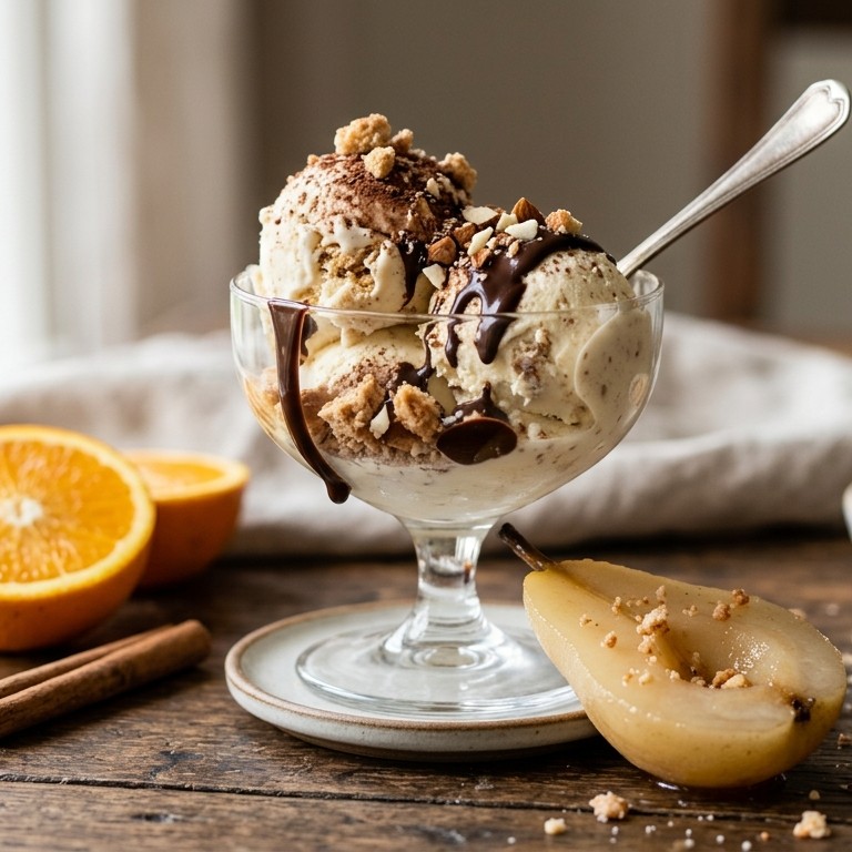 Bitterkoekjesijs met peer en chocosaus