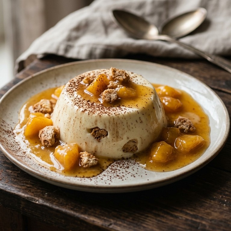 Bitterkoekjespudding met perziksaus