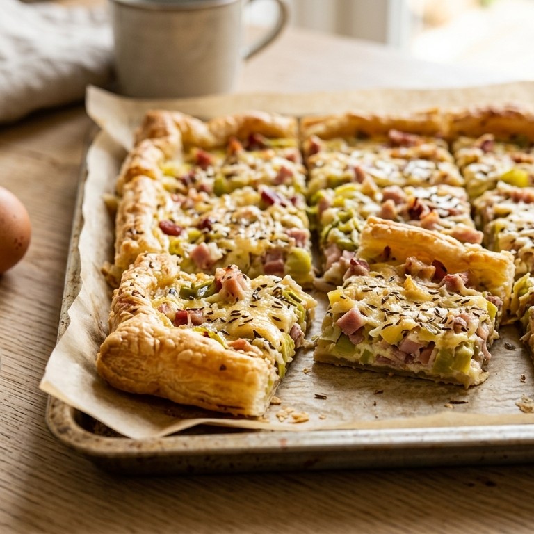 Bladerdeeg met ham, spek en prei