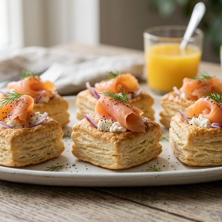 Bladerdeegbakjes met gerookte zalm en geitenkaas voor brunch