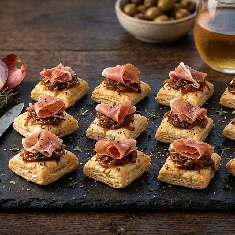 Bladerdeeghapjes met gekarameliseerde ui en parmaham