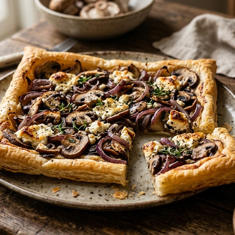Bladerdeegtaart met geitenkaas en champignons