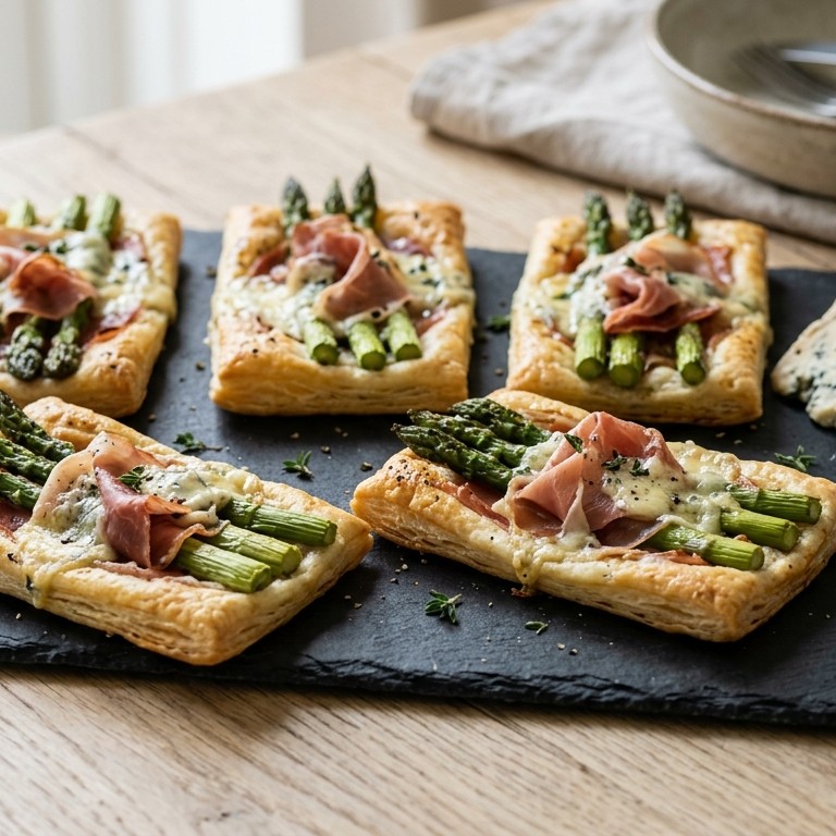 Bladerdeegtaartje met groene asperge en parmaham