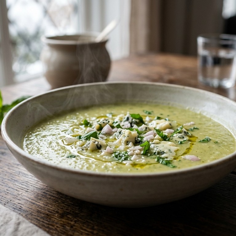 Bleekselderijsoep met danish blue, sjalotjes, basilicum en peterselie
