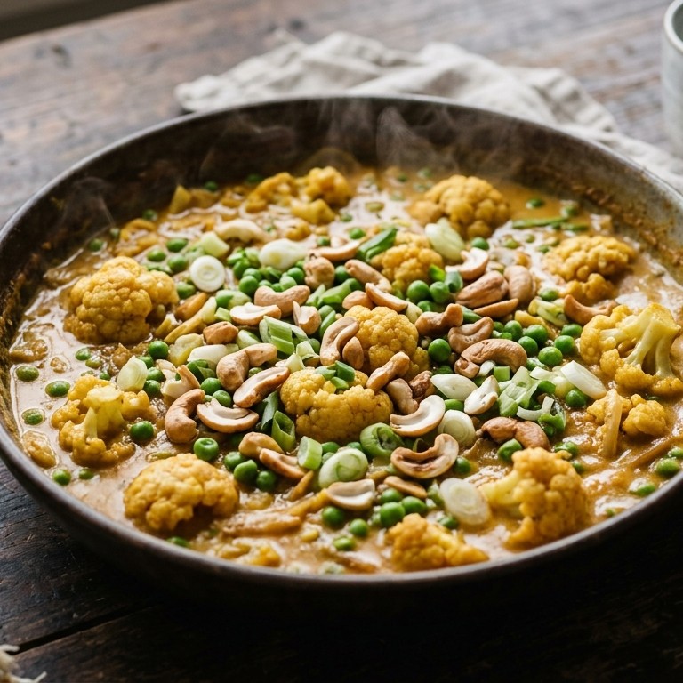Bloemkoolcurry met cashewnoten en erwten