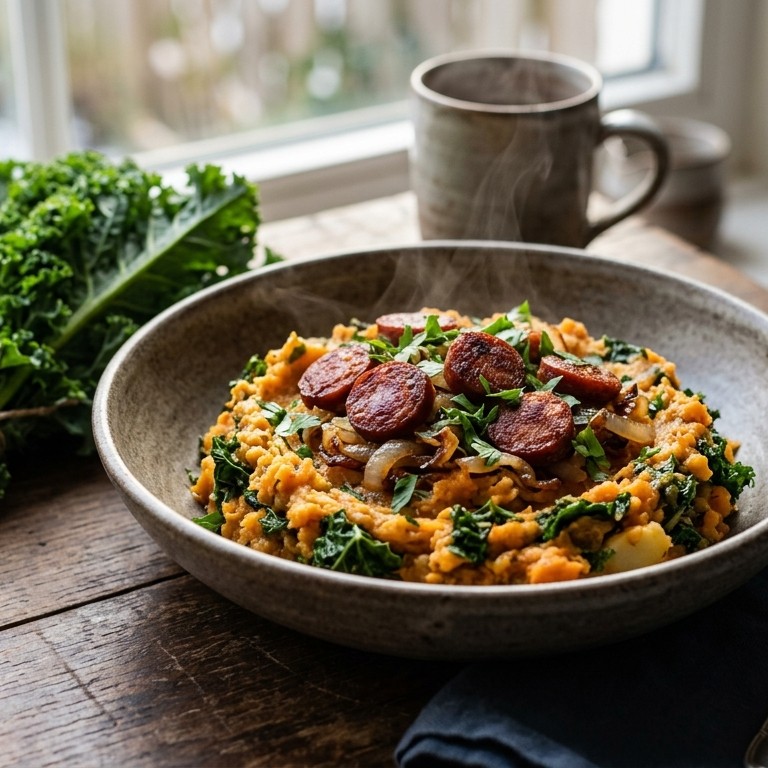 Boerenkoolsstampot met chorizo en zoete aardappel