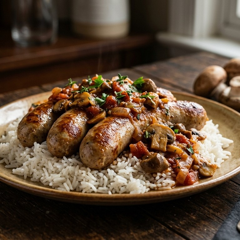 Boerenworsten met rijst en champignon-tomatensaus