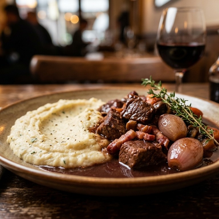Boeuf bourguignon met aardappel-knolselderij puree